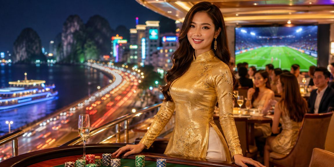 Người dùng mặc áo dài tại Hạ Long xem bóng đá và theo dõi kèo cá cược
